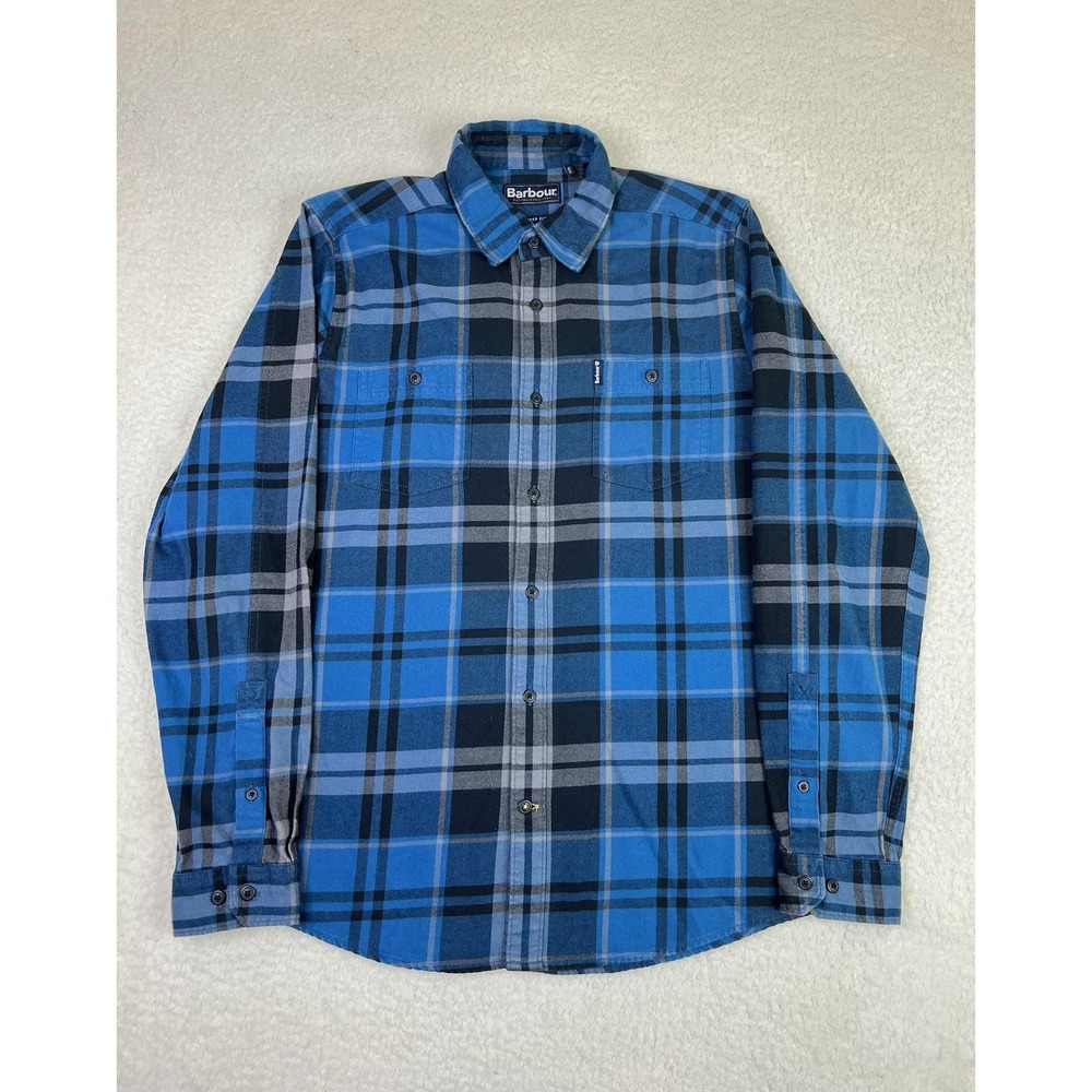 Barbour Bidston Shirt Mens Small Blue Plaid Flannel Long Sleeve Button Up